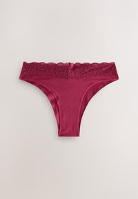 Maroon women's bikini-style underwear with a wide floral lace waistband, displayed flat on a neutral background.
