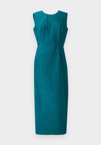 Rochie fără mâneci de culoare teal, cu un material texturat, siluetă ajustată și croială până la genunchi. Dispune de un decolteu rotund și un model subtil în valuri.