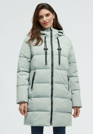 Light green puffer coat with hood, black zipper and accents, featuring vertical quilted pattern and zippered side pockets.