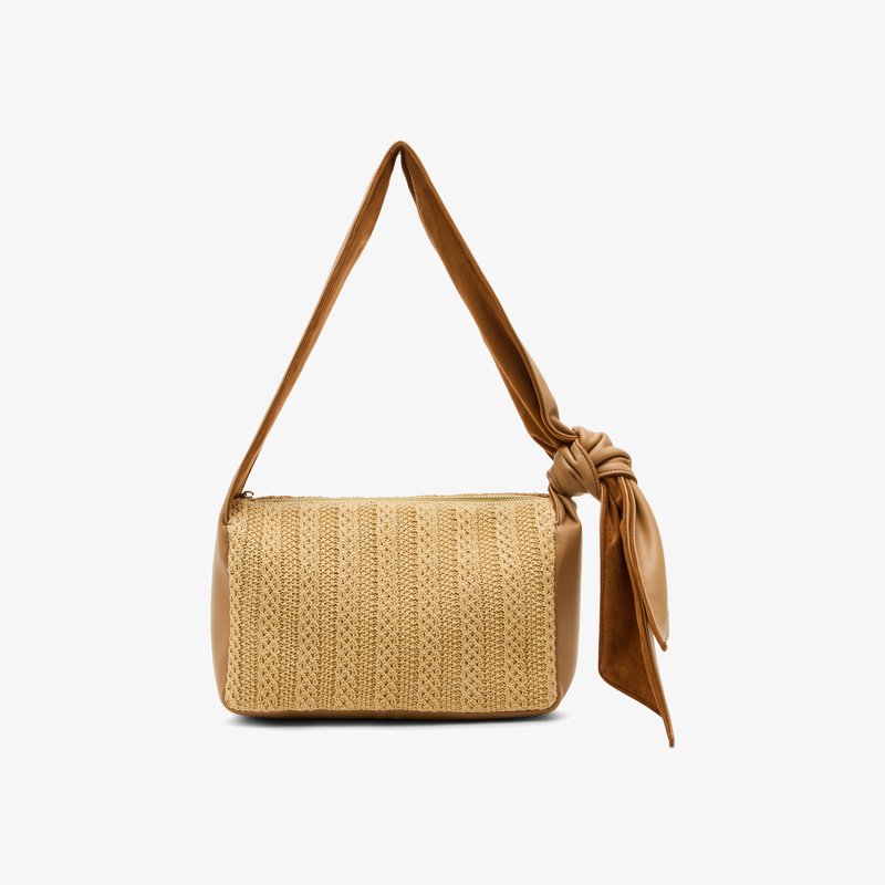 Tan leather and woven straw handbag with a knotted strap, rectangular shape, textured body, and a zippered top closure.