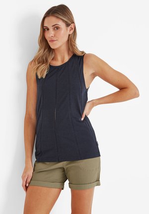 Navy sleeveless top with vertical stitching detail and a relaxed fit, paired with olive green rolled shorts. Smooth fabric texture.