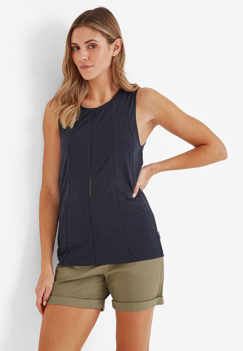 Navy sleeveless top with vertical stitching detail and a relaxed fit, paired with olive green rolled shorts. Smooth fabric texture.