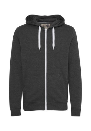 Charcoal šedá mikina na zips vyrobená z mäkkého materiálu, s predným vreckom, bielymi šnúrkami a rebrovanými manžetami a spodným lemom.
