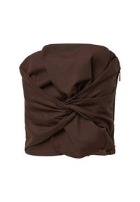 Braune Stofftasche mit einem verdrehten Design an der Oberseite, einer glatten Textur und einem Reißverschluss an der Seite.