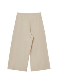 Beige weite Hosen aus glattem Stoff, mit hoher Taille und dezenten Falten an der Vorderseite. Sauberes, minimalistisches Design.