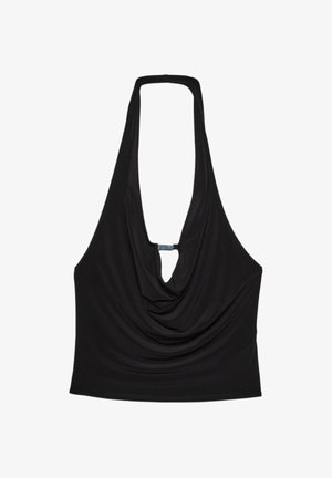 Čierny top na ramienka s hlbokým V-výstrihom a zavinutým predným dielom. Vyrobený z jemnej, hladkej tkaniny s minimalistickým dizajnom a bez viditeľných komponentov.