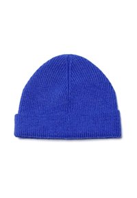 Blauer gestrickter Beanie-Hut mit gerippter Textur und umgeschlagenem Saum. Die abgerundete Oberseite sorgt für eine enge, passgenaue Form.