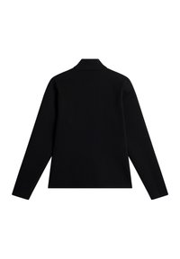 Svart stickad tröja med lång ärm och krage, med en slät textur och vertikala ribbad designdetaljer på baksidan.