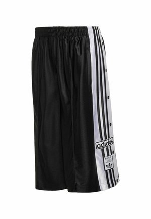 Zwarte Adidas sportshorts met witte zijpanelen, zwarte strepen, drukknoopsluiting en Adidas-logo's op het linkerbeen.