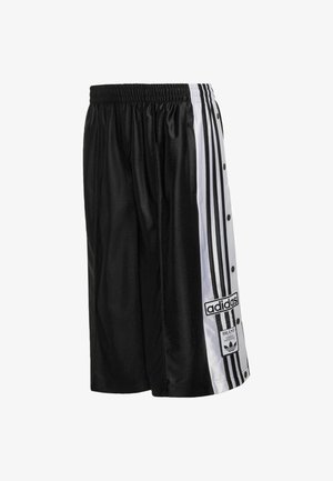 Zwarte Adidas sportshorts met witte zijpanelen, zwarte strepen, drukknoopsluiting en Adidas-logo's op het linkerbeen.