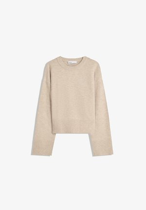 Pull en maille beige à manches longues avec poignets, ourlet et col rond côtelés, présenté sur fond blanc.