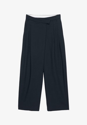 Temno mornarsko modre široke hlače z visokim pasom, sprednjimi naborki in detajlom pasu s preklopom.