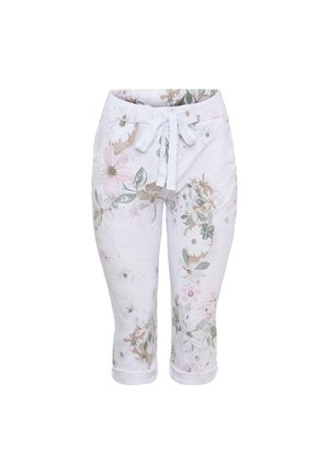Hvide korte bukser med pastelblomstret print og bindebælte i taljen, med sidelommer og opkrullede kanter.