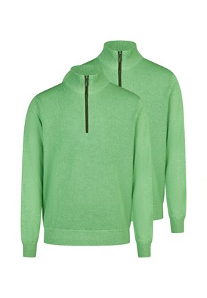 To grønne strikkede trøjer med lange ærmer, kvartlang lynlås foran og høje kraver, vist mod en hvid baggrund.