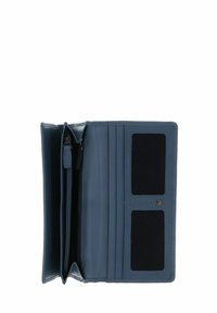 Portefeuille en cuir bleu avec un compartiment zippé et plusieurs emplacements pour cartes. Texture lisse, design élégant, et fermeture par bouton-pression magnétique.