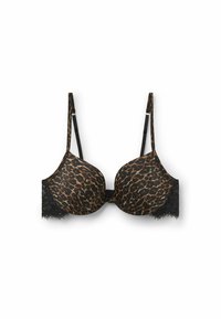 Sort leopard-print bh med formede skåle, blonde detaljer på siderne og justerbare stropper. Glat stof med en tekstureret blondefinish.