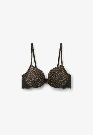 Black leopard print bra with molded cups, lace accents on the sides, and adjustable straps. Smooth fabric with a textured lace finish.