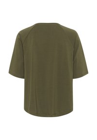 Tyrkysové tričko s krátkým rukávem a zakulaceným spodním lemem, jemná textura, raglánové rukávy a minimalistický design.
