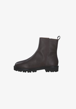 Brown leather ankle boots with a smooth surface, round toe, and a chunky black rubber sole. Features a back loop pull tab for accessibility.