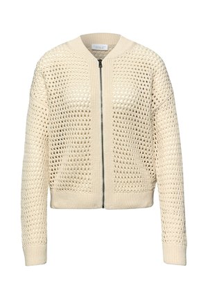 Blouson bomber en maille ajourée couleur crème, avec fermeture éclair à l'avant, col, poignets et ourlet côtelés.