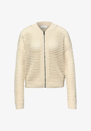 Lysecremefarvet strikket bomberjakke med åbent vævemønster, lynlås foran samt ribstrikket krave, manchetter og kant.