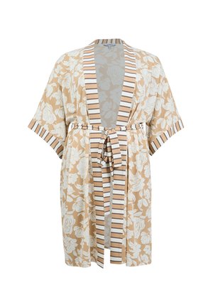 Beiger, floral gemusterter Kimono-Bademantel mit weiten Ärmeln, gestreiftem Besatz und passendem Gürtel, der in der Taille gebunden ist.