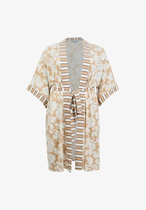 Beige bloemen kimono-stijl badjas met brede mouwen, gestreepte bies en een bijpassende ceintuur gestrikt in de taille.