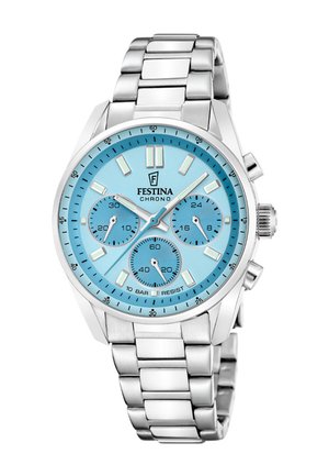 Stříbrné kovové chronografické hodinky Festina s světle modrým ciferníkem, třemi subciferníky, luminiscenčními hodinovými značkami a náramkem s články.