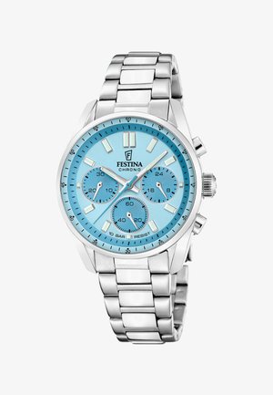 Silberne Festina Chronograph-Uhr aus Metall mit hellblauem Zifferblatt, drei Hilfszifferblättern, leuchtenden Stundenmarkierungen und einem Gliederarmband.