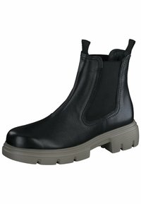 Botín Chelsea de cuero negro con panel lateral elástico, punta redondeada y suela de goma gris gruesa. Presenta un acabado texturizado y una pestaña trasera para facilitar el calzado.