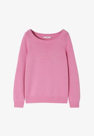 Roosa kudum, millel on lai ümmargune kaelus, pikad varrukad ning soonikkoes mansetid ja alumine äär. Pehme tekstuur, minimalistlik disain, nähtavaid mustreid pole.