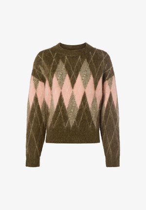 Gebreide trui met een ruitpatroon in olijfgroen, zachtroze en beige. Ronde hals, lange mouwen en licht cropped ontwerp.