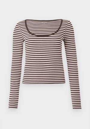 Long-sleeve fitted top in brown and cream horizontal stripes, featuring a wide square neckline and ribbed texture.