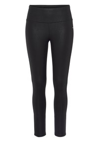 Leggings neri con un motivo a spina di pesce, vita alta, forma aderente e design senza cuciture, adatti per l'abbigliamento sportivo.