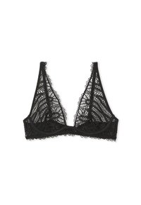 Black lace bralette featuring a triangular shape, scalloped edges, and intricate geometric patterns throughout the fabric. No padding or underwire.