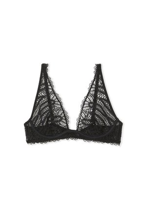 Bralette in pizzo nero con forma triangolare, bordi scallop e intricate geometrie su tutto il tessuto. Senza imbottitura né ferretto.