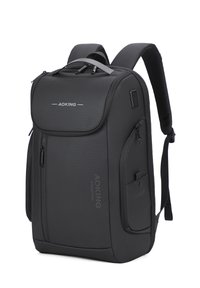 Zaino AOKING nero con un esterno in tessuto liscio, spallacci imbottiti, scomparti multipli e una maniglia superiore per un facile trasporto.