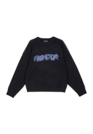 Sweater preto com um desenho azul felpudo "FLAVOR", gola redonda e tecido texturizado. Apresenta detalhes listrados nos ombros e punhos canelados.