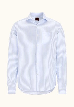 Maglietta a maniche lunghe a righe blu chiaro e bianco, con chiusura a bottoni sul davanti, taschino sul petto, orlo curvo, realizzata in tessuto di cotone.