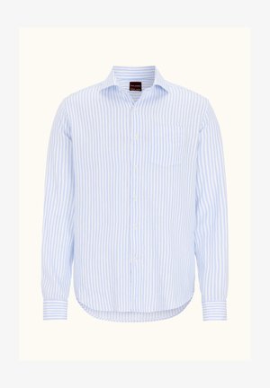 Vaaleansininen ja valkoinen raidallinen pitkähiha-paita, napillinen etuosa, rintatasku, kaareva helma, valmistettu puuvillakankaasta.