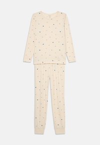 Πυτζάμα μακρυμάνικη σε κρέμ απόχρωση με πολύχρωμα σχέδια καρδιών σε ροζ, μπλε, πράσινο και ναυτική. Μαλακό ύφασμα; στενές μανσέτες και ζώνη.