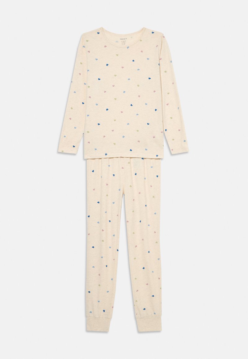 Πυτζάμα μακρυμάνικη σε κρέμ απόχρωση με πολύχρωμα σχέδια καρδιών σε ροζ, μπλε, πράσινο και ναυτική. Μαλακό ύφασμα; στενές μανσέτες και ζώνη.