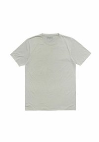 Lichtgrijze katoenen T-shirt met ronde hals, korte mouwen en een ontspannen fit. Eenvoudig ontwerp, zachte textuur, geen zichtbare afbeeldingen of patronen.