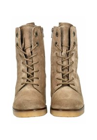 Bottines en daim tan avec lacets à l'avant, œillets en métal et fermetures éclair sur les côtés. Semelles plates et texture lisse avec un léger bout arrondi.