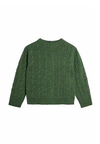 Grüner Kabelstrick-Wollpullover mit langen Ärmeln, gerippten Bündchen, Saum und Rundhalsausschnitt vor weißem Hintergrund.