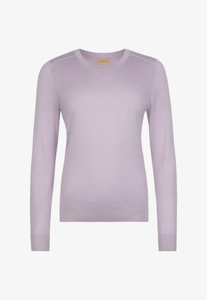 Lilla langærmet rundhalset sweater med ribkanter ved ærmer og kant, letvægtsstrik, vist på hvid baggrund.