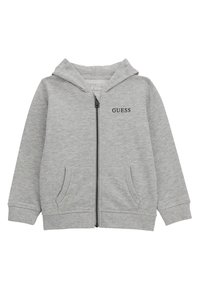 Haut à capuche zippé gris en coton doux, doté d'une poche kangourou, d'une capuche avec cordon de serrage et d'un logo "GUESS" noir sur la poitrine.