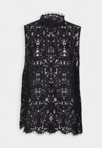 Top sans manches en dentelle noire avec col haut et motif floral, doté de bords festonnés et d'un tissu semi-transparent.