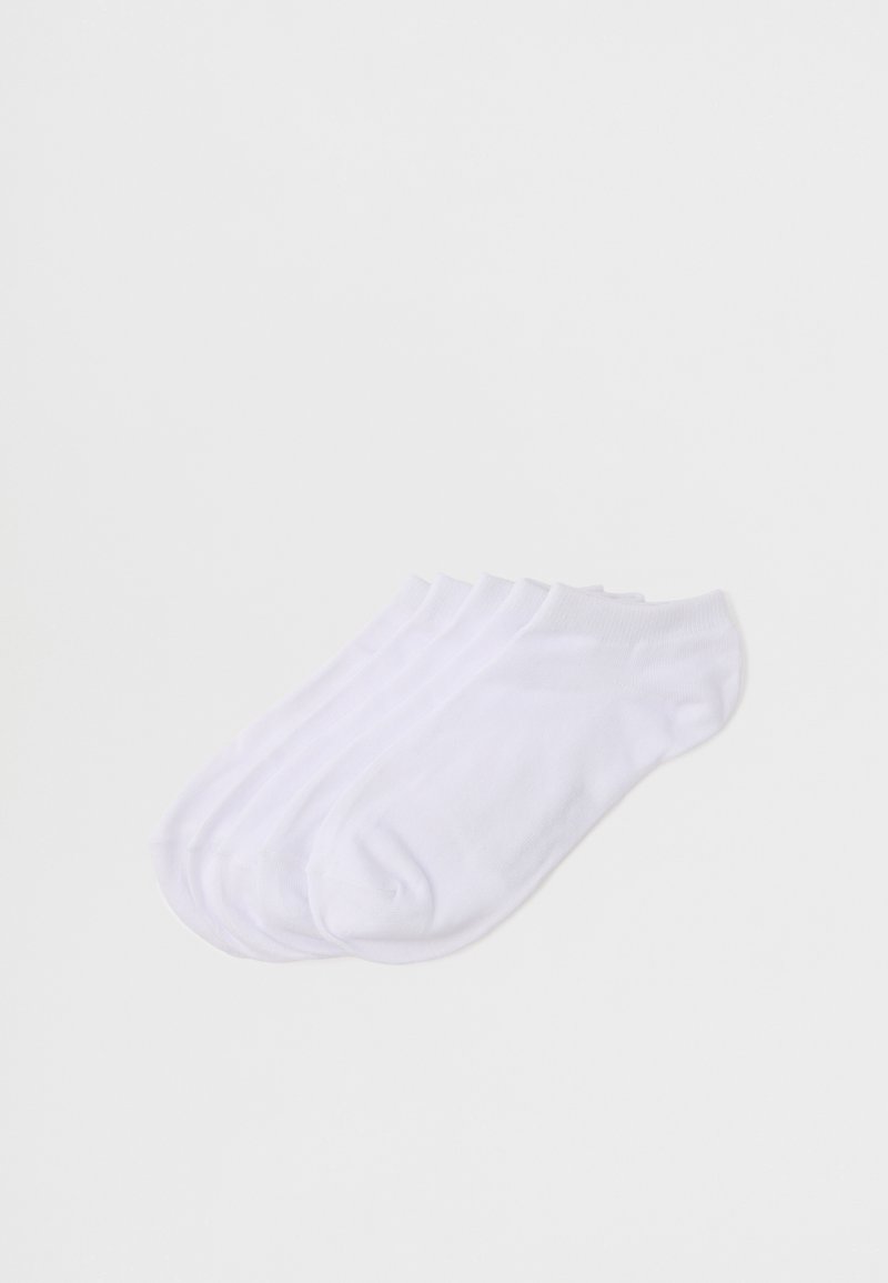 Vita ankelsockor, bomullsblandning, fyra par, sömlös design, mjuk textur, ankellängd, lämpliga för avslappnad användning. Inga synliga mönster.