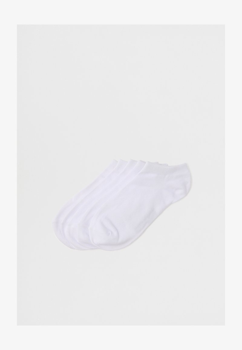 Weiße Knöchelsocken, Baumwollmischung, vier Paare, nahtloses Design, weiche Textur, Knöchelhöhe, geeignet für legere Kleidung. Keine sichtbaren Muster.